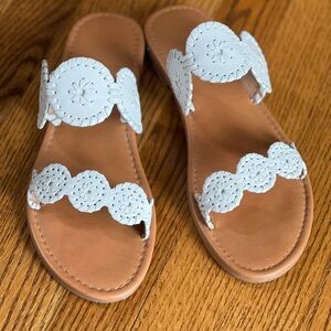 Jack Rogers White and Tan Sandals with Circular Disc Design
